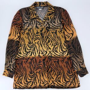 Vintage 90s Glam Tiger Print Sheer Blouse Brown Gold Statement Top M/L